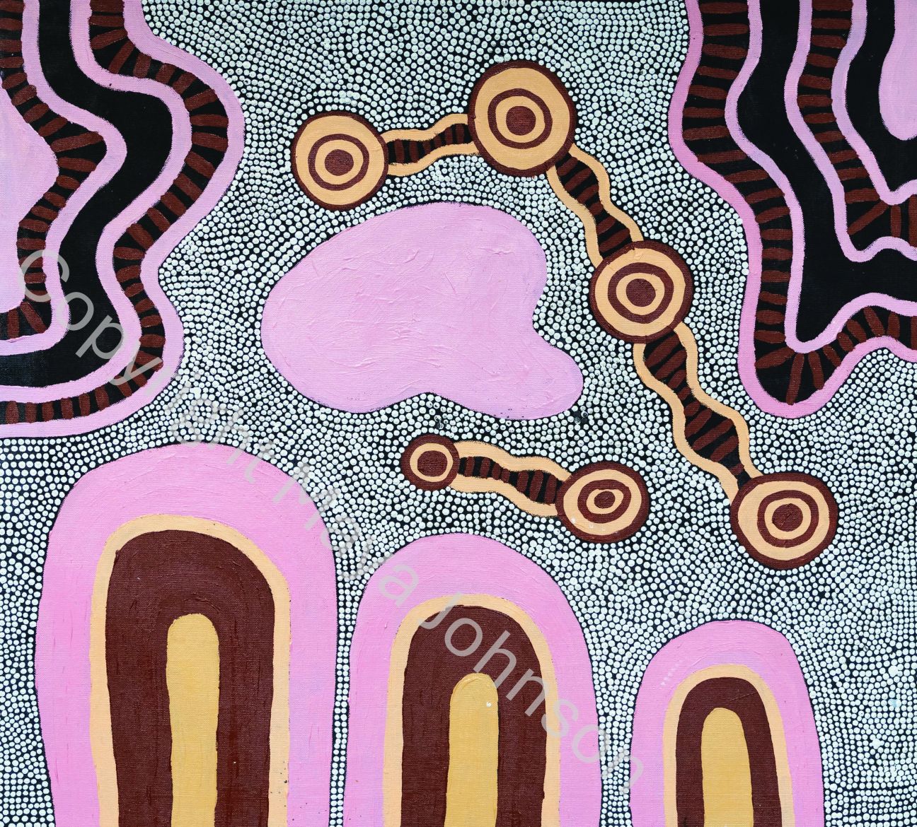 Aboriginal style painting. Pink, brown, orange, white colours. Semi-circle and circle shapes. Background filled with white dots.   
