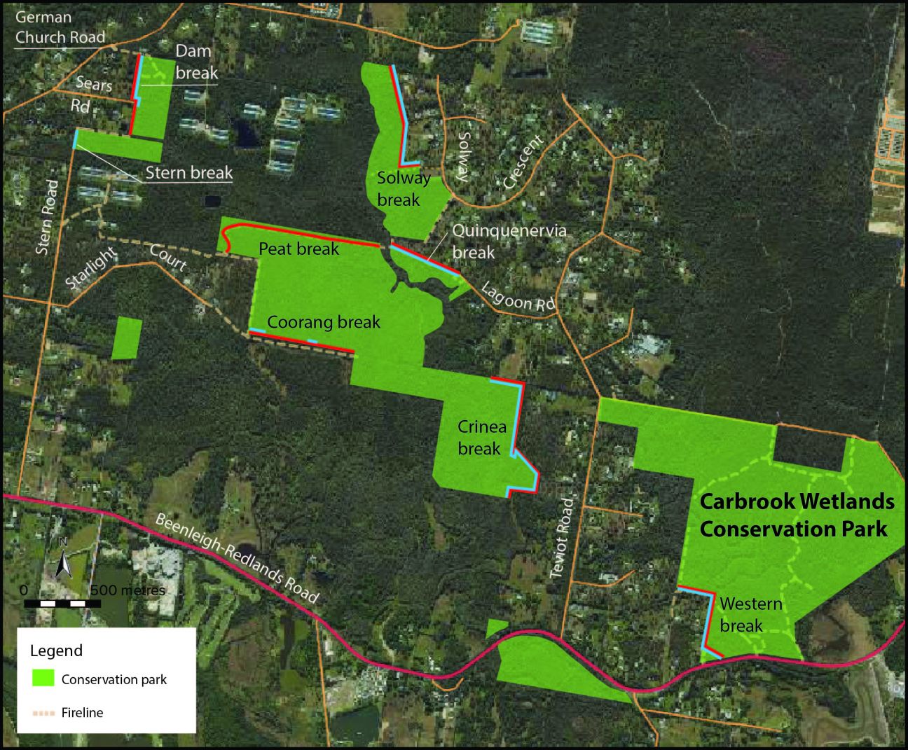 Image of Carbrook Wetlands Conservation Park map with fireline upgrades indicated.