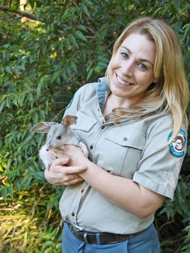 Ranger Jacqui holding a baby bilby.