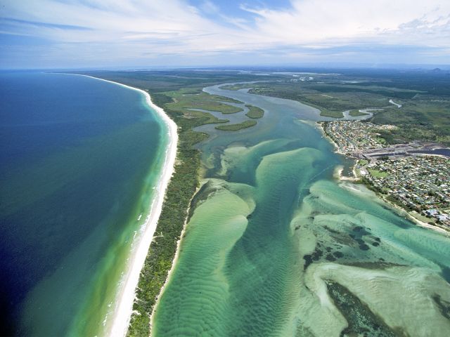 Bribie Island is flanked by the Pumicestone Passage and Moreton Bay Marine Park.