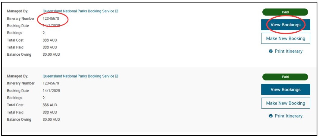 Screenshot of My bookings with the itinerary number of an individual booking and the corresponding View Bookings button circled 