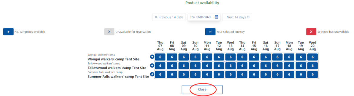 Screenshot of view and select an available start date section with close button circled