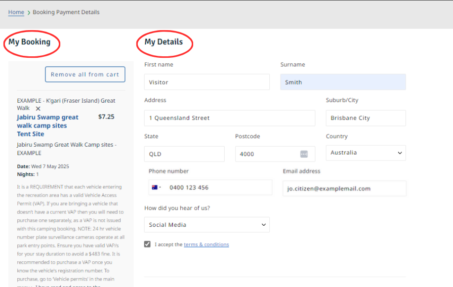 Screenshot of my booking and my details