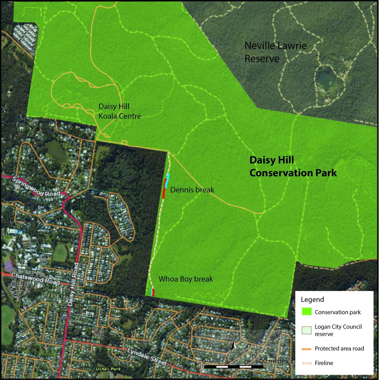 Image of Daisy Hill Conservation Park map with fireline upgrades indicated.