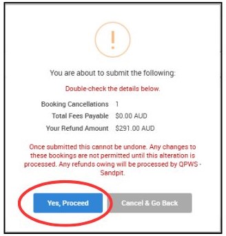 Screenshot of confirmation pop up showing requested changes detailed and Yes, Proceed button circled