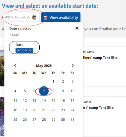Screenshot of view and select an available start date section showing calendar