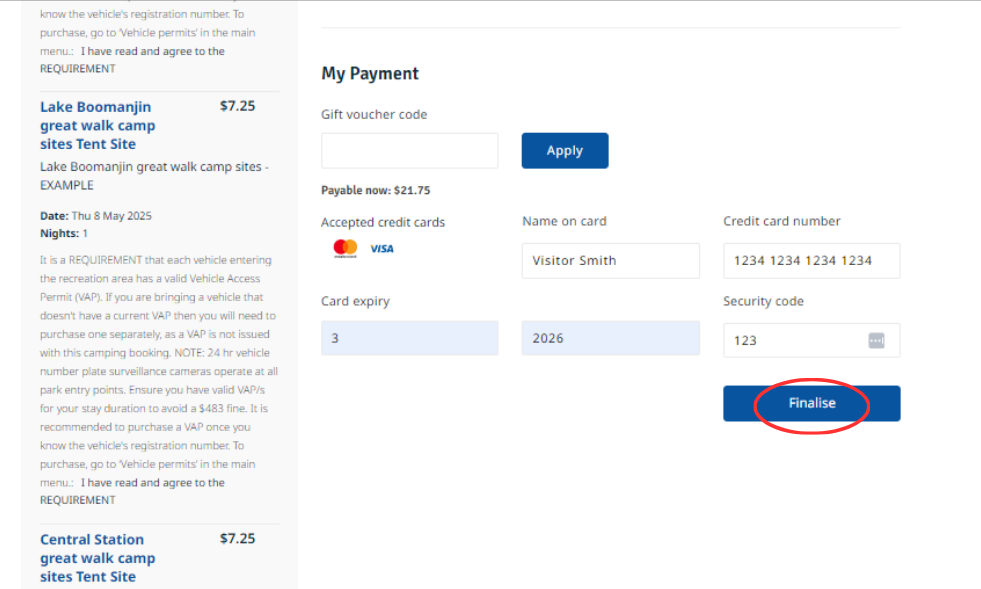 Screenshot of my payment details with finalise button circled