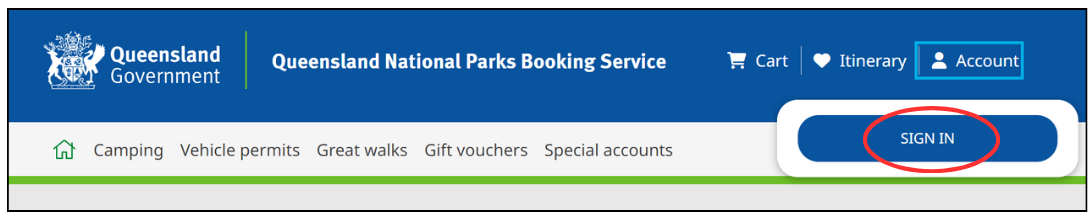 Screenshot of the main navigation of the Queensland National Parks Booking Service with the sign in option under Account circled