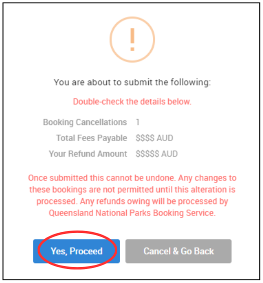 Screenshot of confirmation pop up box with yes, proceed circled