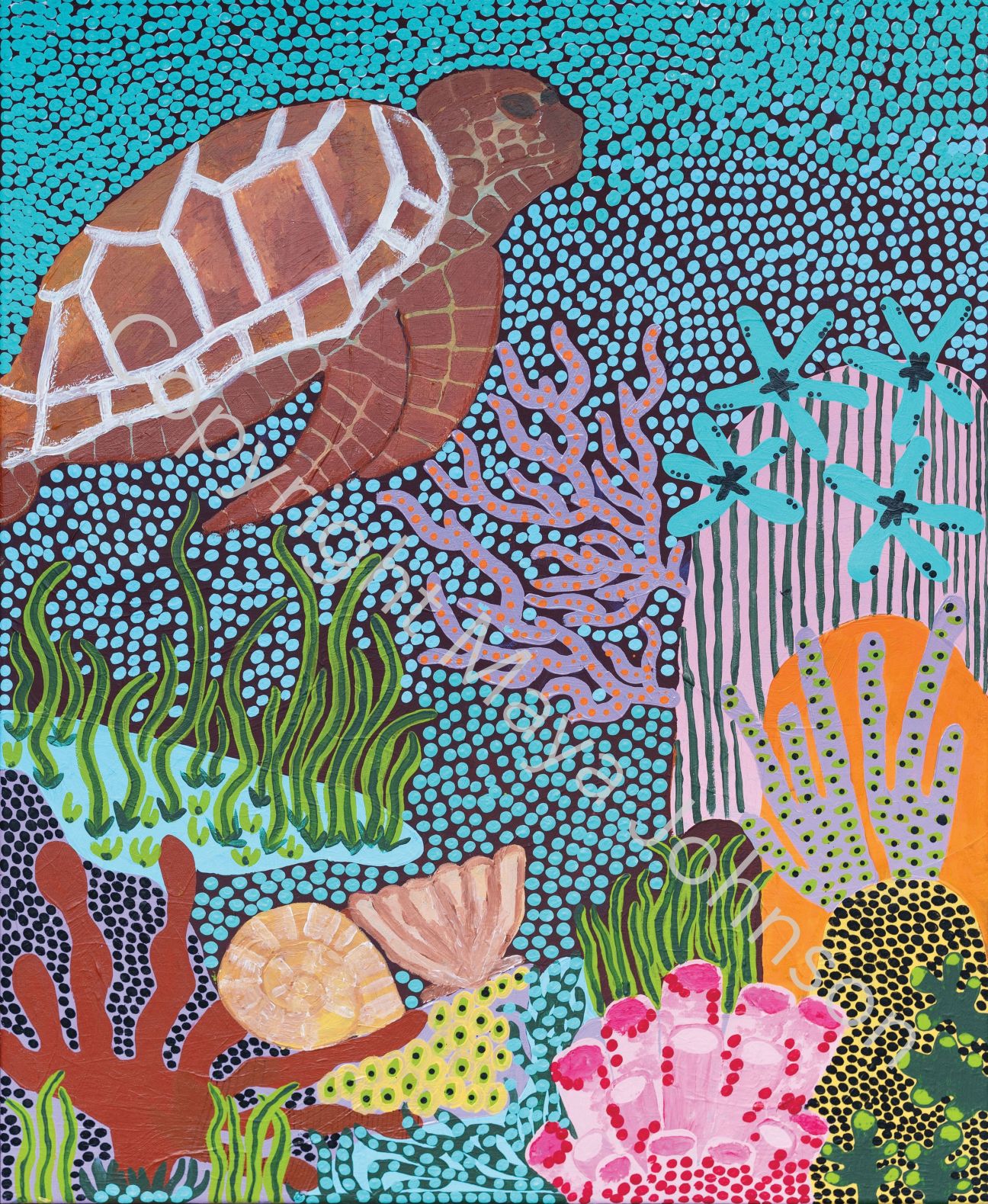 Aboriginal style artwork. Colourful underwater image of turtle and reef. Water is represented by blue dots.  