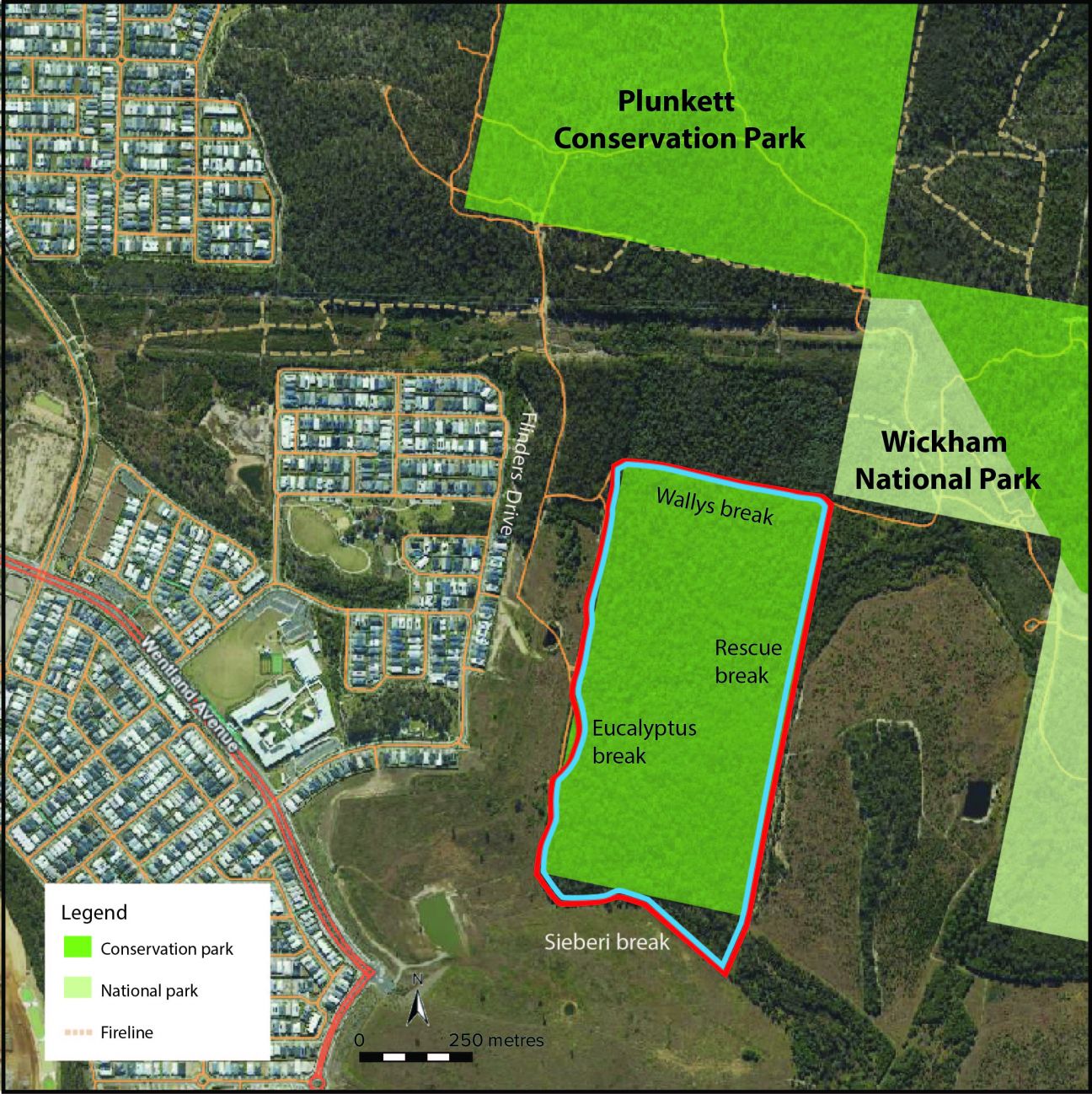 Image of Plunkett Conservation Park map (Wallys block) with fireline upgrades indicated.