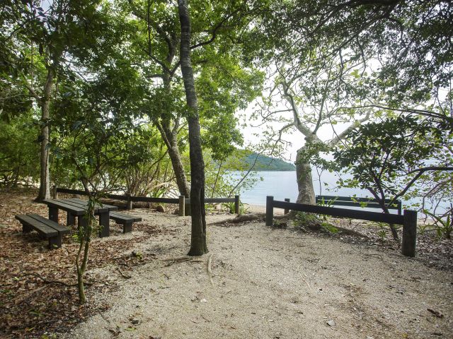 Enjoy the view of Cid Island from your picnic table at Nari's Beach camping area.