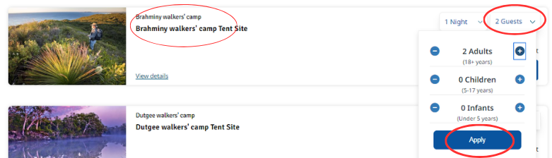 Screenshot showing camp sites available and where to select number of guests