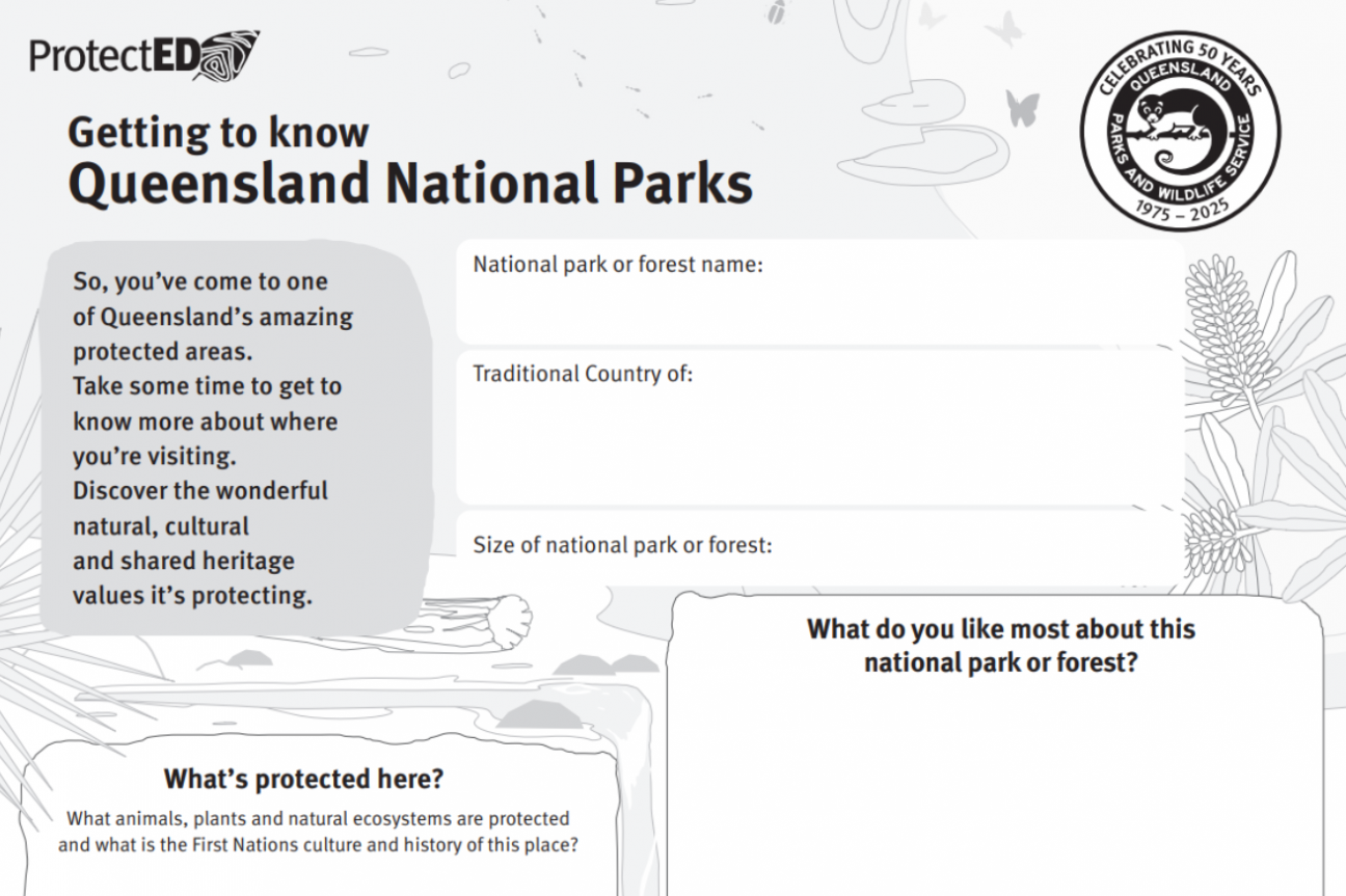 snippet of activity sheet with 'getting to know Queensland National Parks' as heading