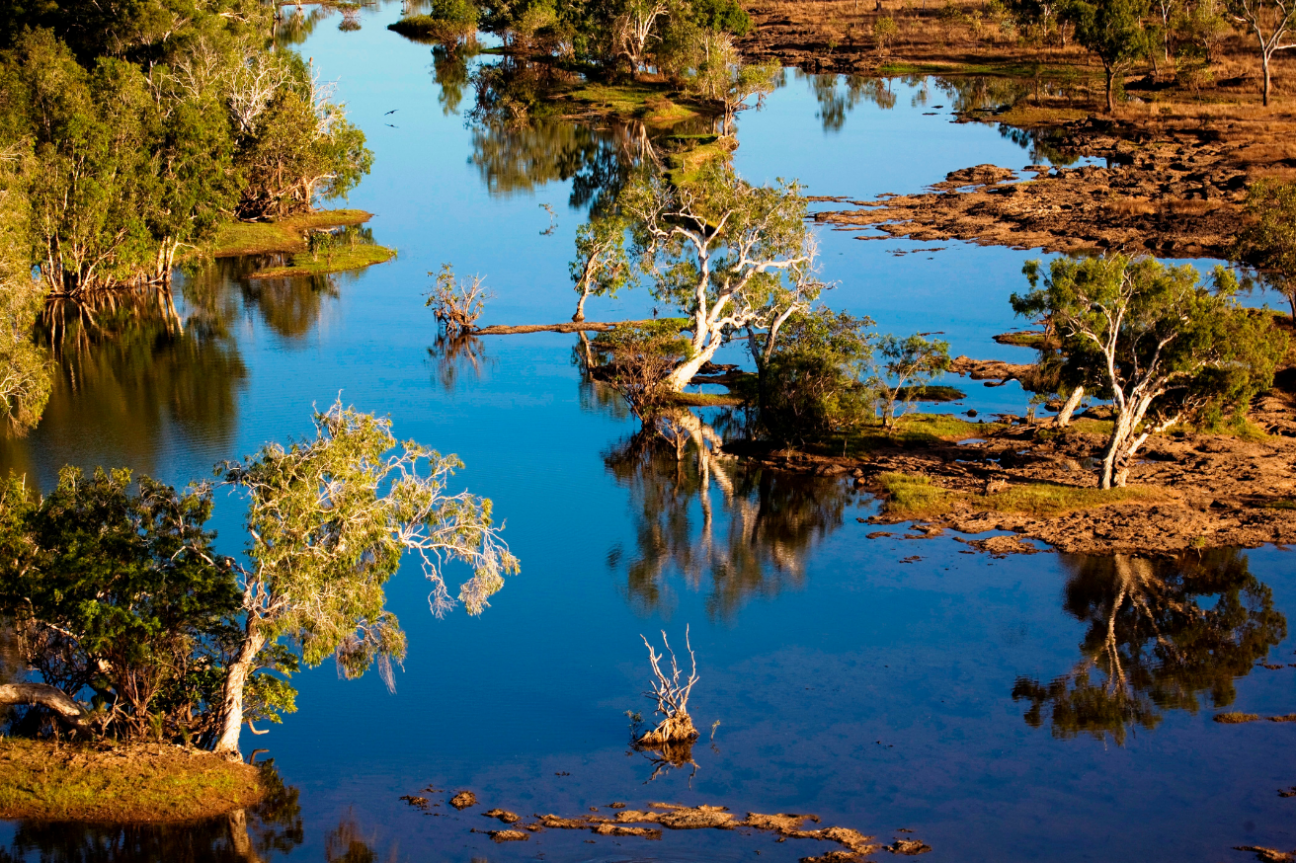 Aerial image of river lined with a few trees and rocks.