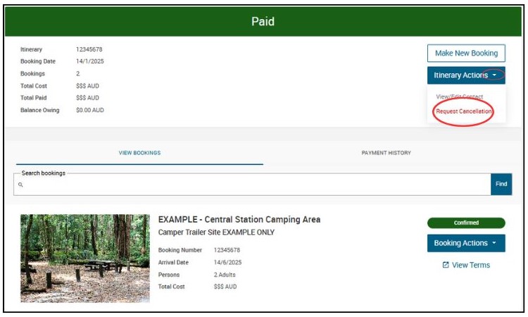 Screenshot of an individual itinerary with the itinerary actions button expanded and Request Cancellation circled