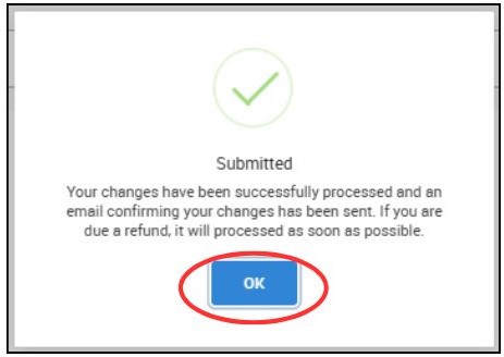 Screenshot of success pop up confirming changes have been processed and Ok button circled 