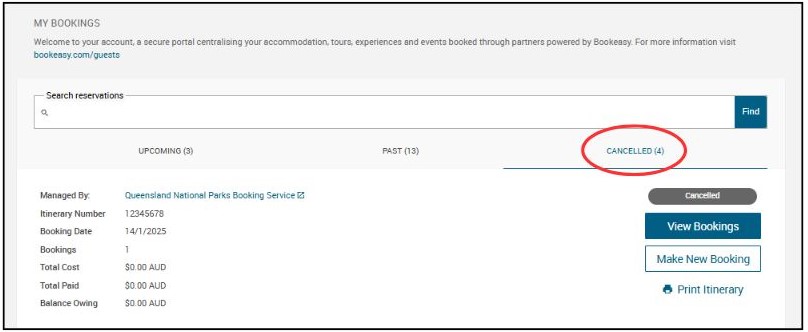 Screenshot of My Bookings page with Cancelled filter circled 