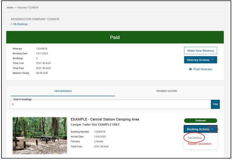 Screenshot of bookings listed under an itinerary with Booking Actions expanded and the Edit Booking drop down option circled 
