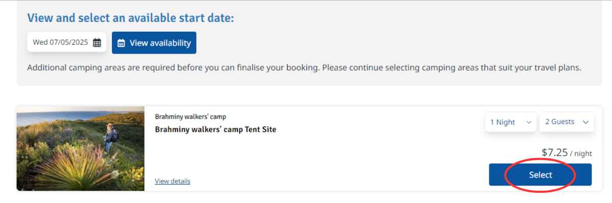 Screenshot of camp sites screen with select circled