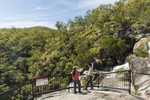 Photo of people enjoying the view of Davies Creek Falls safely and staying behind the fence for safety.