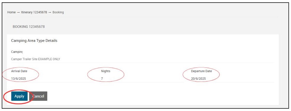Screenshot of Camping Area Type Details in edit mode with Arrival date, nights and departure date, and apply button circled 