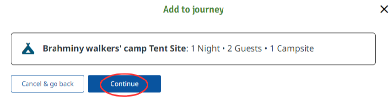 Screenshot of add to journey section with continue circled