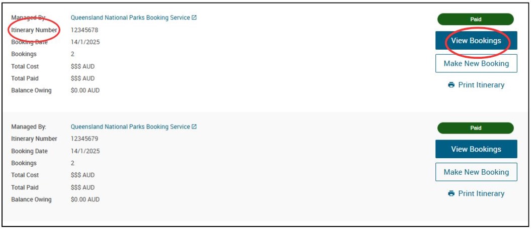 Screenshot of Upcoming My Bookings with an individual itinerary and associated View bookings button circled 