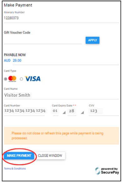Screenshot of make payment pop up with Make payment button circled 