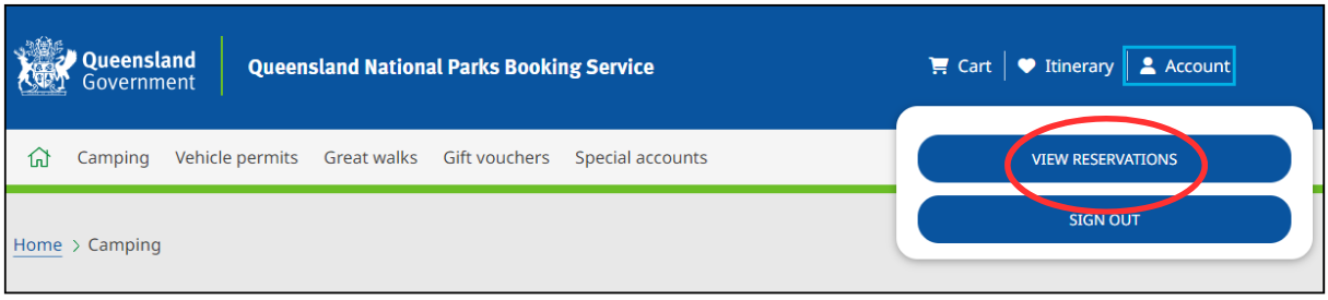 Screenshot of account navigation for the Queensland National Parks Booking Service with view reservations circled