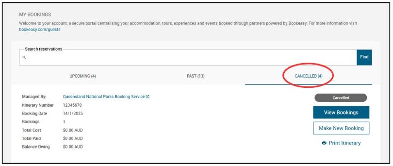 Screenshot of my bookings section with cancelled tab circled