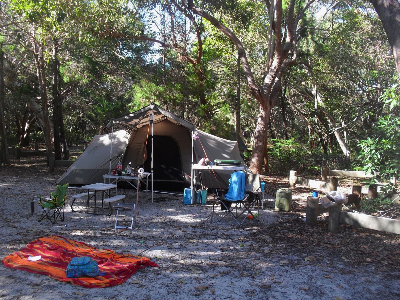 Photo of shaded beach-side tent site
