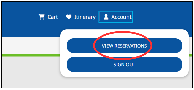 Screenshot of main navigation with Account selected and View Reservations circled 