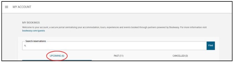 Screenshot of My Bookings with upcoming filter circled 