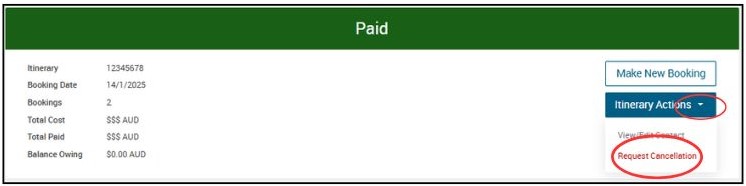 Screenshot of booking summary with request cancellation circled