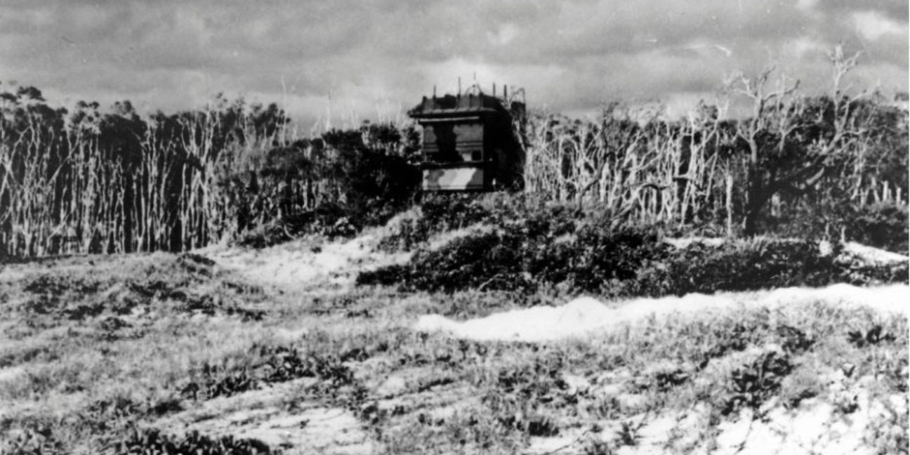 Black and white photo of a concrete viewing box perched in vegetated sand dunes.
