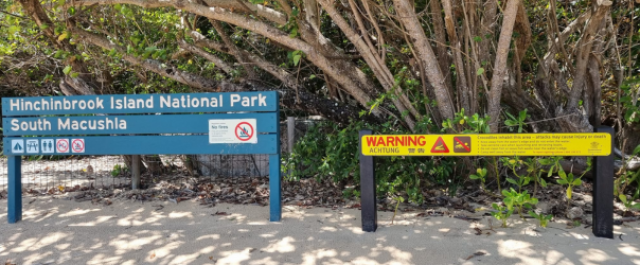 A park sign reading Hinchinbrook Island National Park, South Macushia