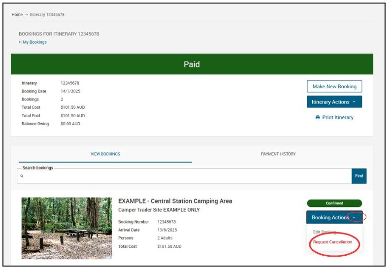 Screenshot of an individual itinerary with Booking actions button under an individual booking expanded with Request Cancellation circled 