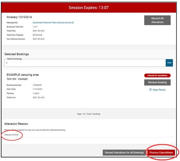 Screenshot of itinerary cancellation page with alteration reason filled and process cancellation button circled 
